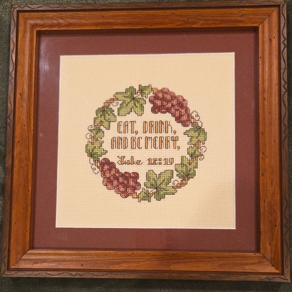 Other - Hand Stitched Grape Wreath In Burgandy And Green Professionally Framed